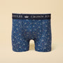 Joules CROWN Mens Boxer Shorts Red/Blue front view with playful pattern and branded waistband