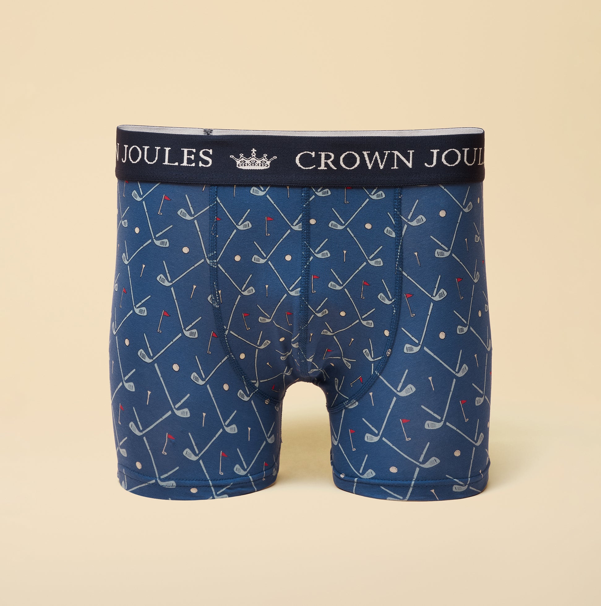 Joules CROWN Mens Boxer Shorts Red/Blue front view with playful pattern and branded waistband