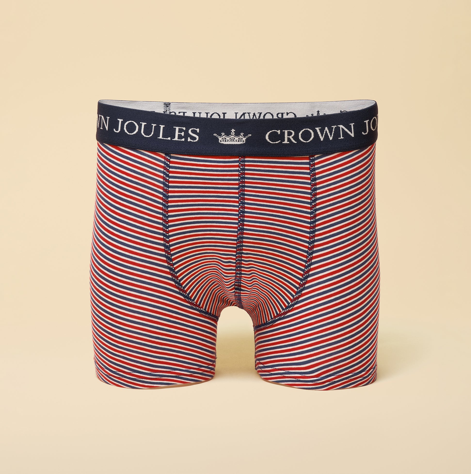 Joules CROWN Mens Boxer Shorts Red/Blue front view featuring striped design and logo waistband.