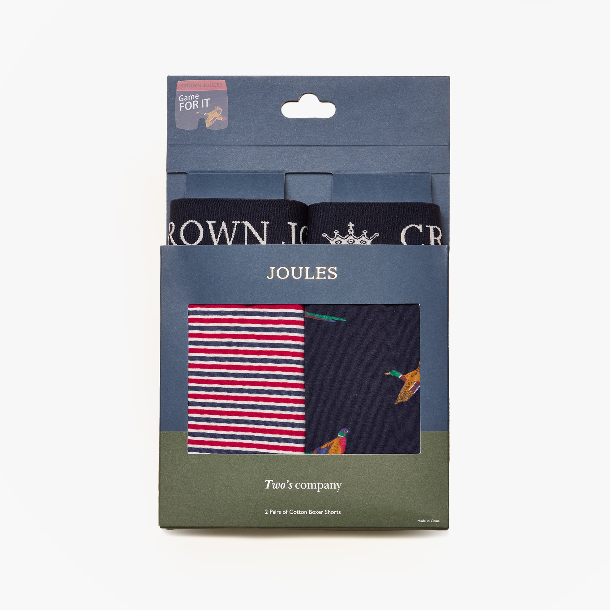 Joules CROWN Mens Boxer Shorts Orange/Navy Pack View, Two Pairs in Gift Box, Colorful Design, 95% Cotton Material