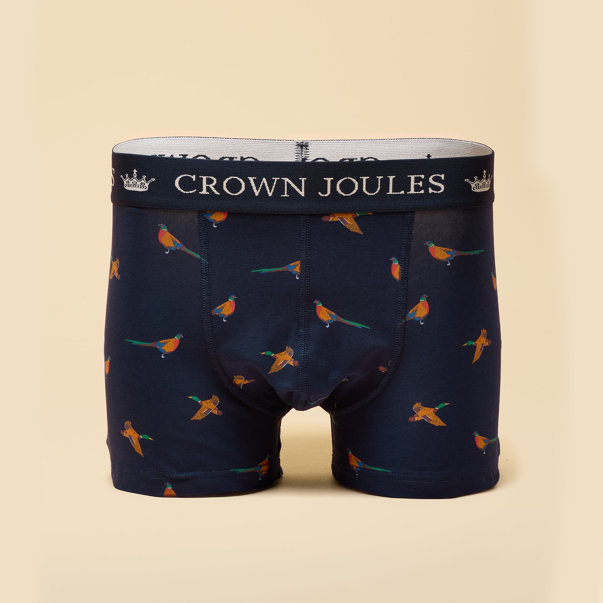Joules CROWN Mens Boxer Shorts Orange/Navy back view. Featuring patterned design and elastic waistband.