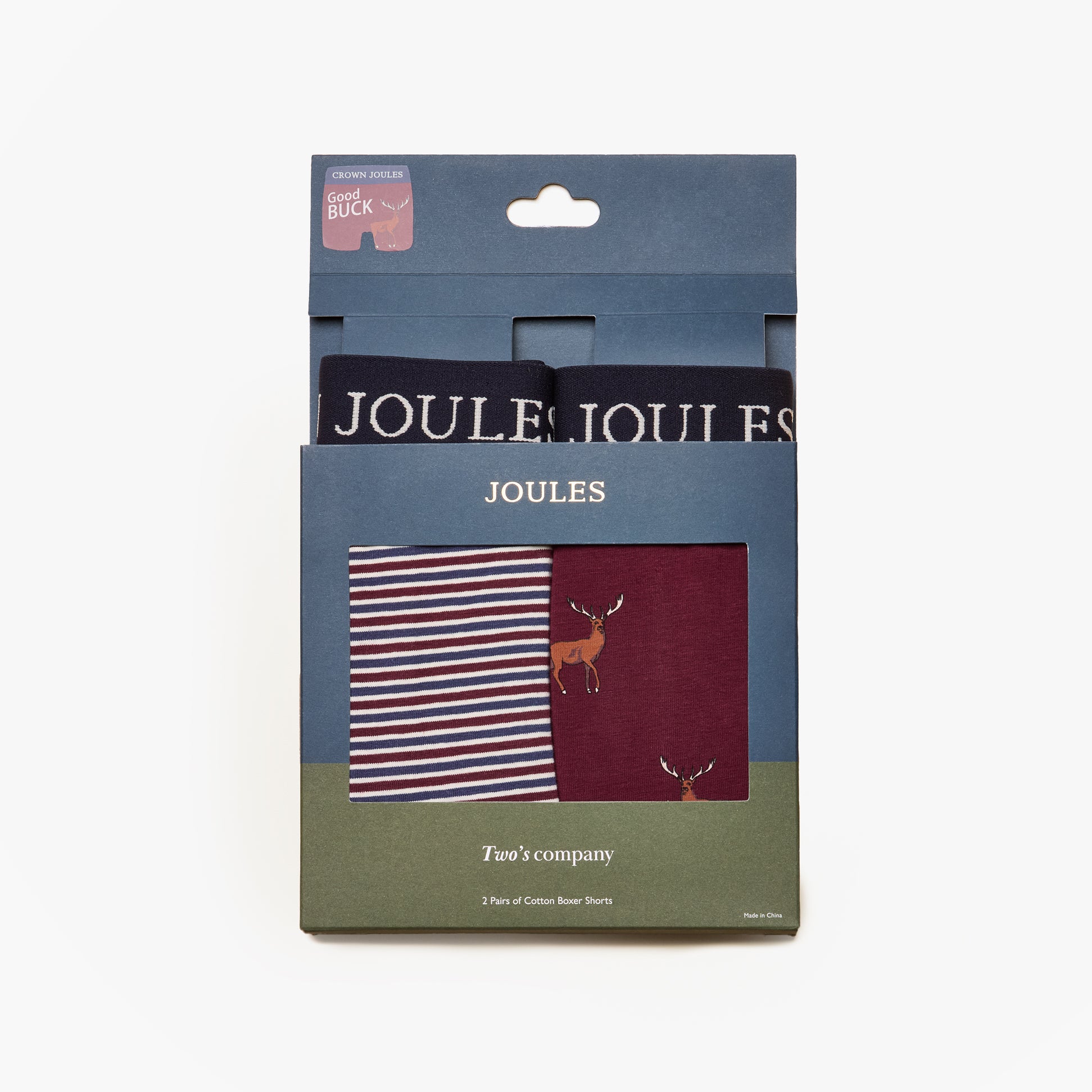 Joules CROWN Mens Boxer Shorts Burgundy Red gift boxed pack showing burgundy and striped designs.