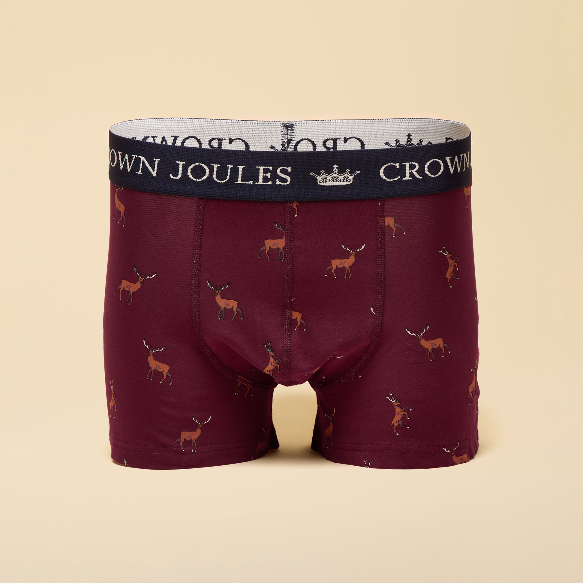 Joules CROWN Mens Boxer Shorts Burgundy Red back view showcasing patterned design with logo waistband.