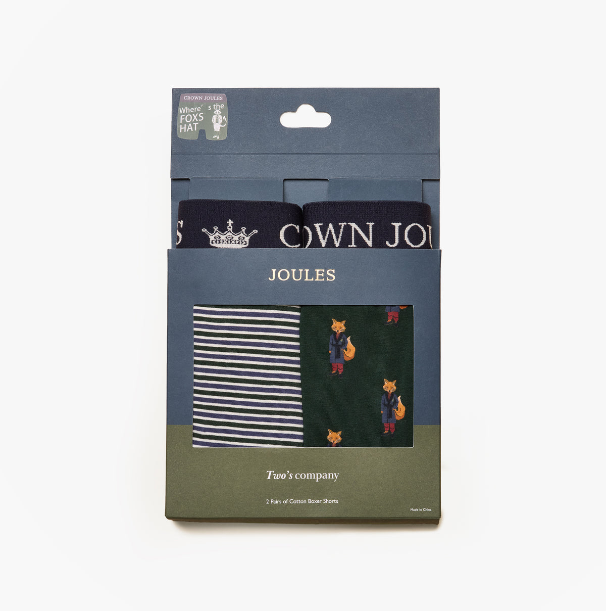 Joules CROWN Mens Boxer Shorts Blue/Green pack view with three pairs, featuring striped and fox designs.