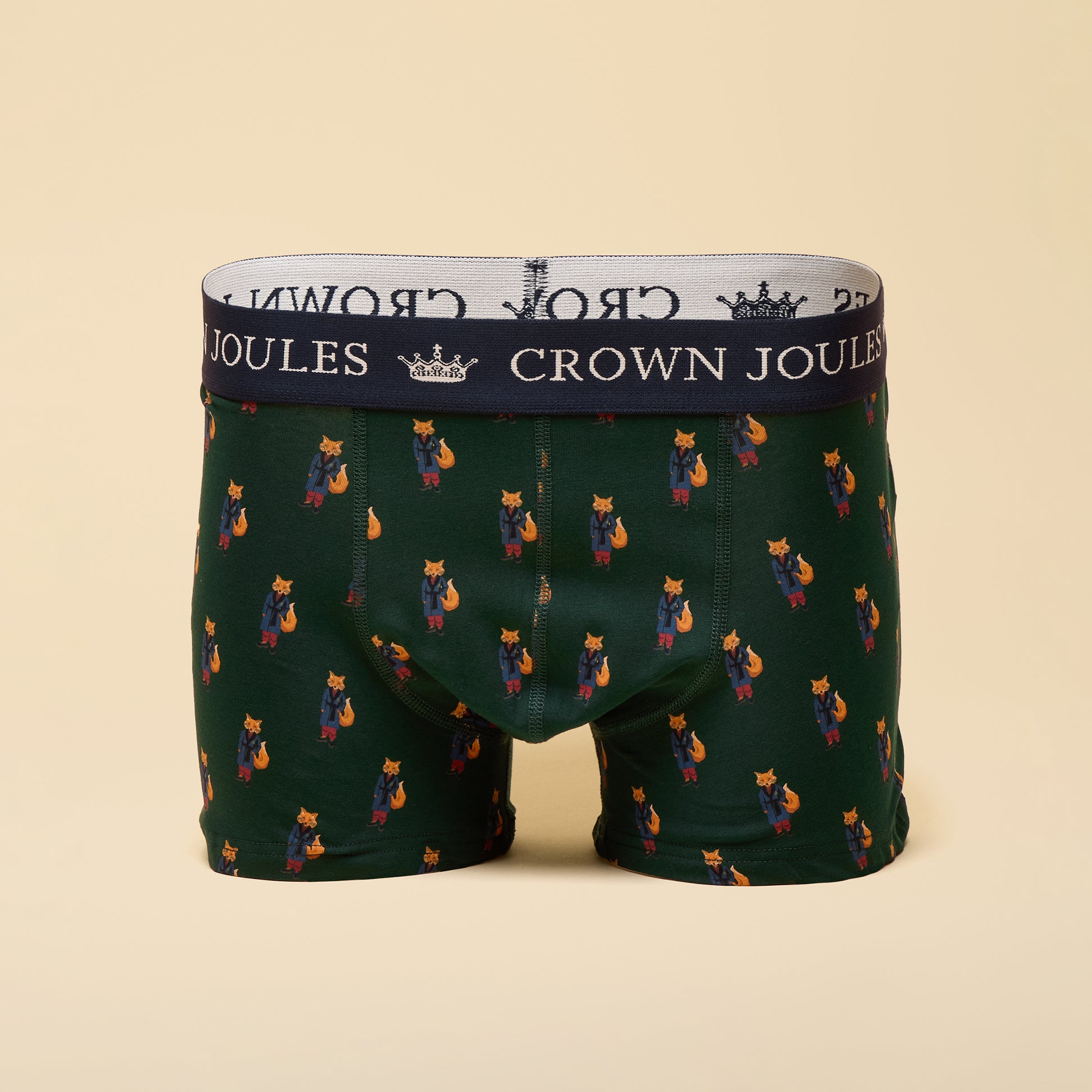 Joules CROWN Mens Boxer Shorts Blue/Green back view with colorful fox pattern and branded waistband.