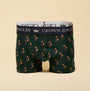 Joules CROWN Mens Boxer Shorts Blue/Green back view with colorful fox pattern and branded waistband.