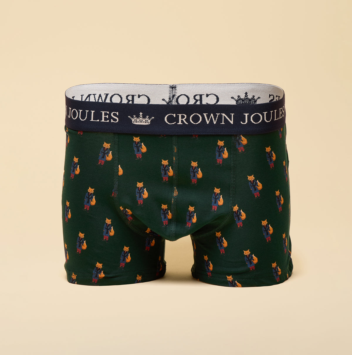 Joules CROWN Mens Boxer Shorts Blue/Green back view with colorful fox pattern and branded waistband.