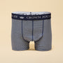 Joules CROWN Mens Boxer Shorts Blue/Green front view showcasing striped design and logo waistband