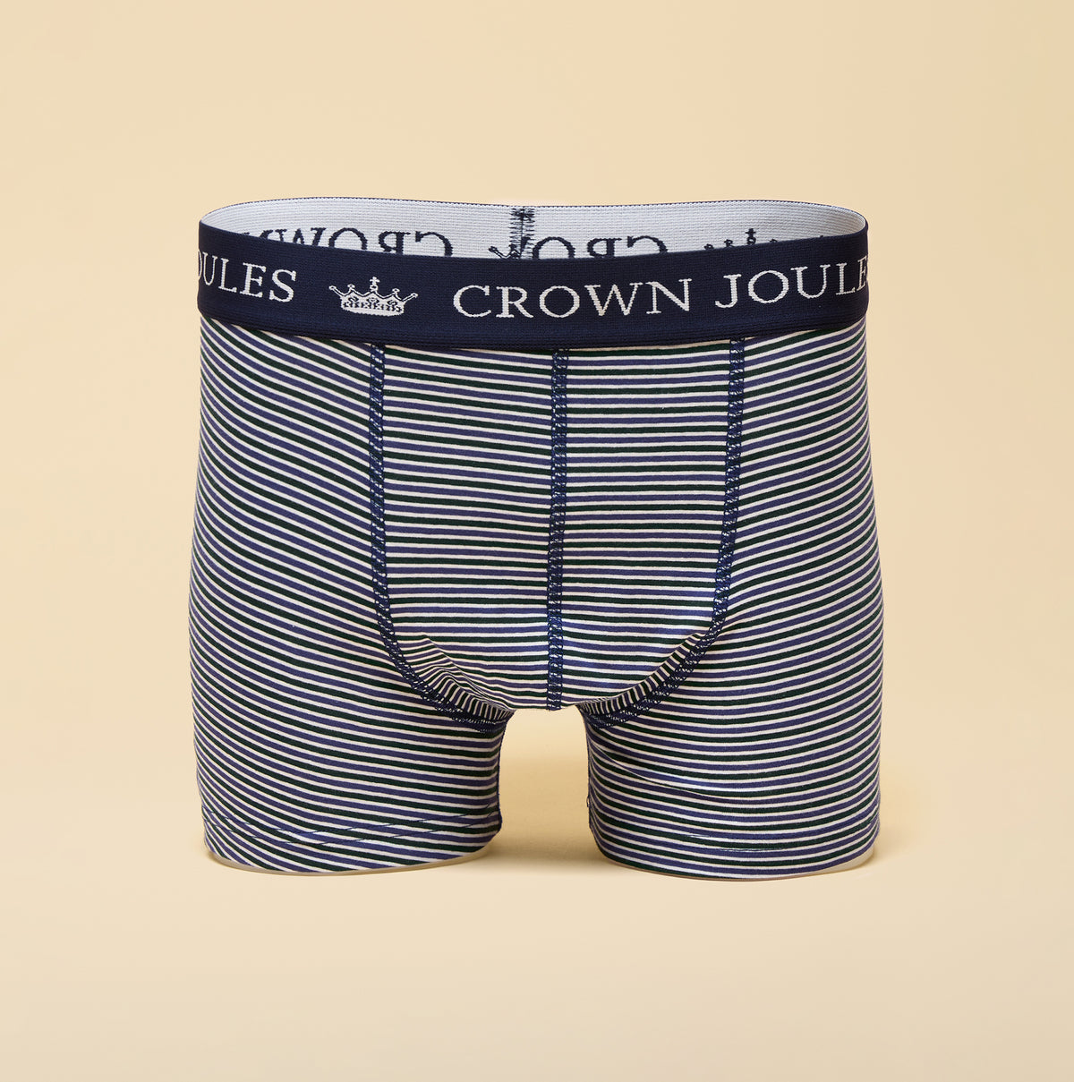 Joules CROWN Mens Boxer Shorts Blue/Green front view showcasing striped design and logo waistband