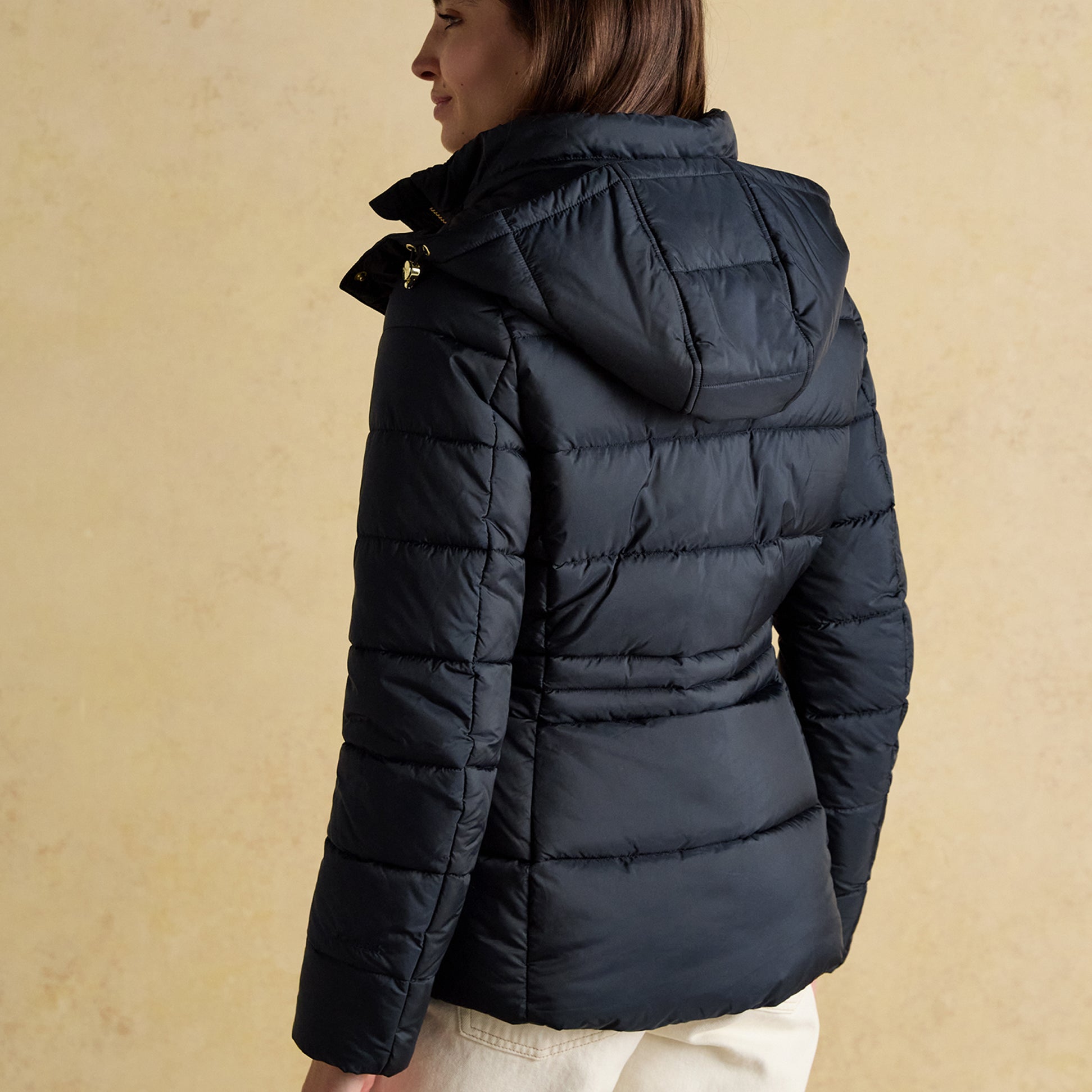 Joules HADLOW Womens Padded Short Coat Navy, back view, showing hood and quilted design.