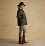 Joules BEATRIX Womens Showerproof Quilted Coat Khaki Green side view worn by model with hat and boots.