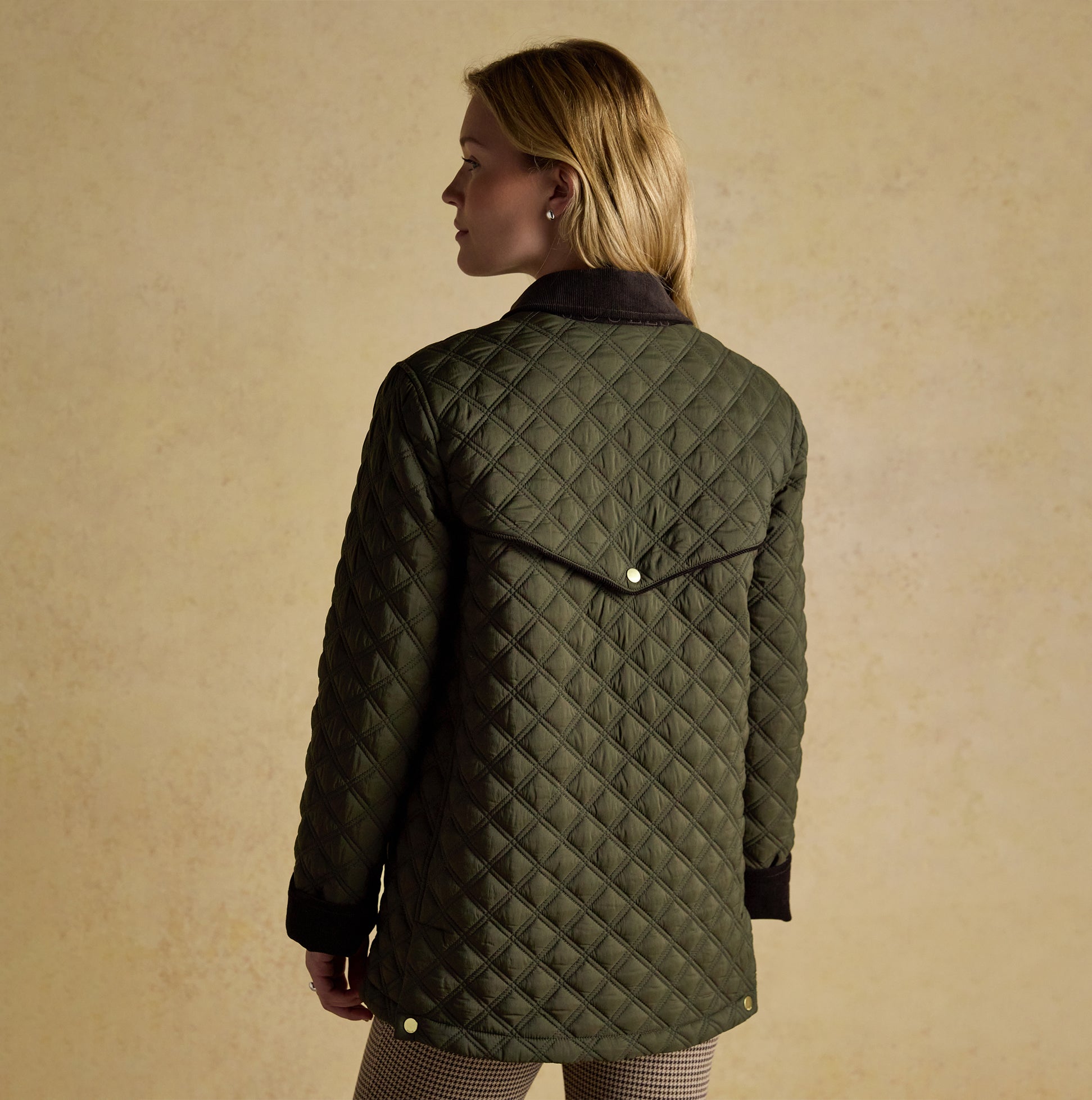 Joules BEATRIX Womens Showerproof Quilted Coat Khaki Green back view showcasing quilted design and button details.