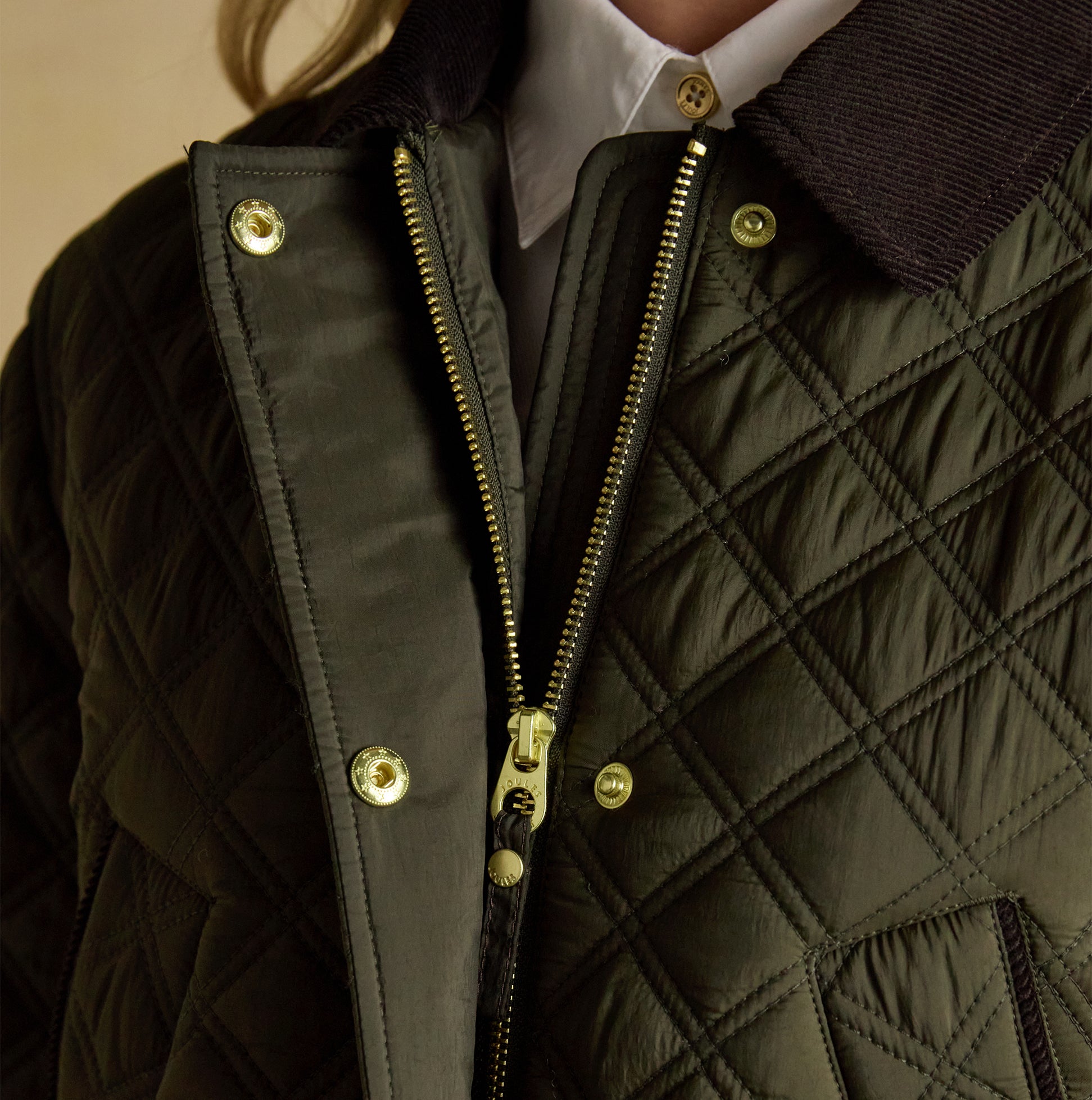 Joules BEATRIX Womens Showerproof Quilted Coat Khaki Green detail view showing zipper and button closure.