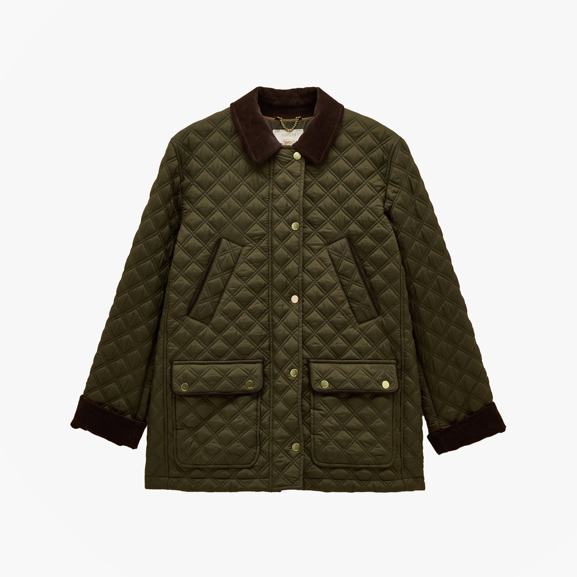 Joules BEATRIX Womens Showerproof Quilted Coat Khaki Green front view showcasing button and zip closures, quilted design, and brown collar.