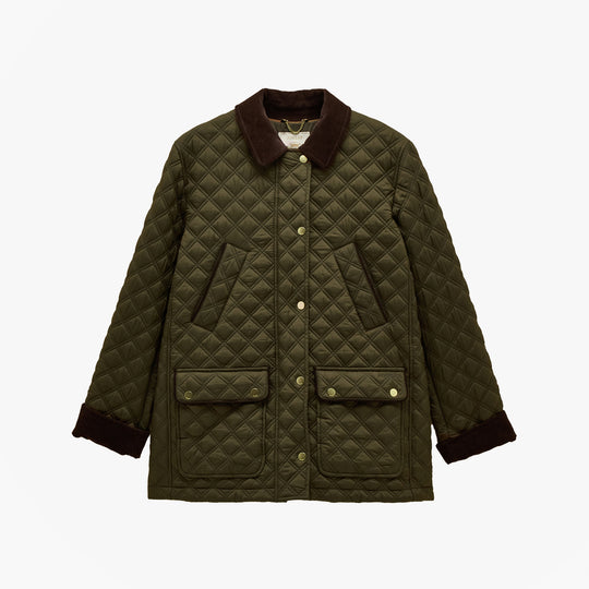Joules BEATRIX Womens Showerproof Quilted Coat Khaki Green front view showcasing button and zip closures, quilted design, and brown collar.