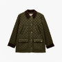 Joules BEATRIX Womens Showerproof Quilted Coat Khaki Green front view showcasing button and zip closures, quilted design, and brown collar.