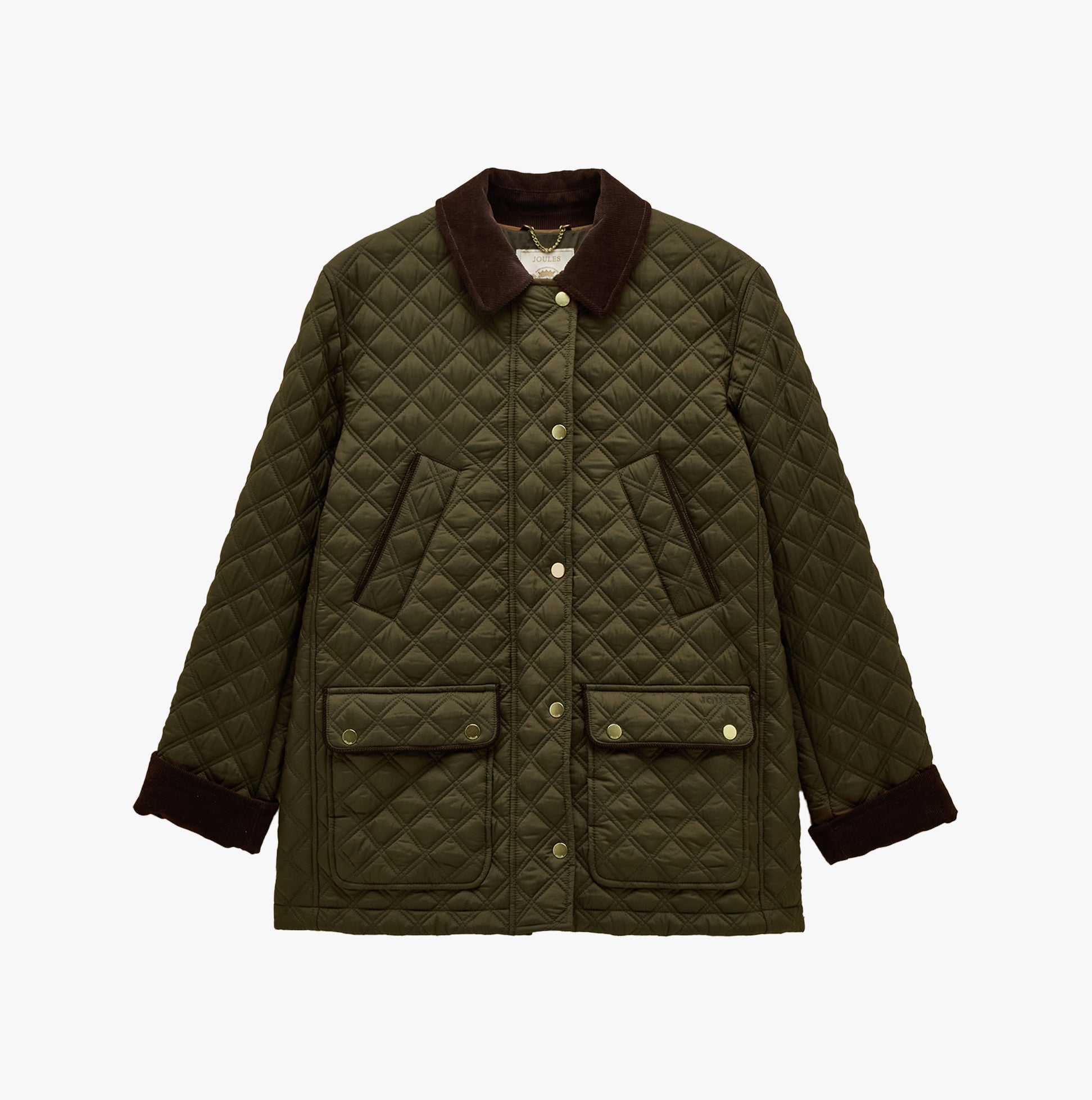 Joules BEATRIX Womens Showerproof Quilted Coat Khaki Green front view showcasing button and zip closures, quilted design, and brown collar.
