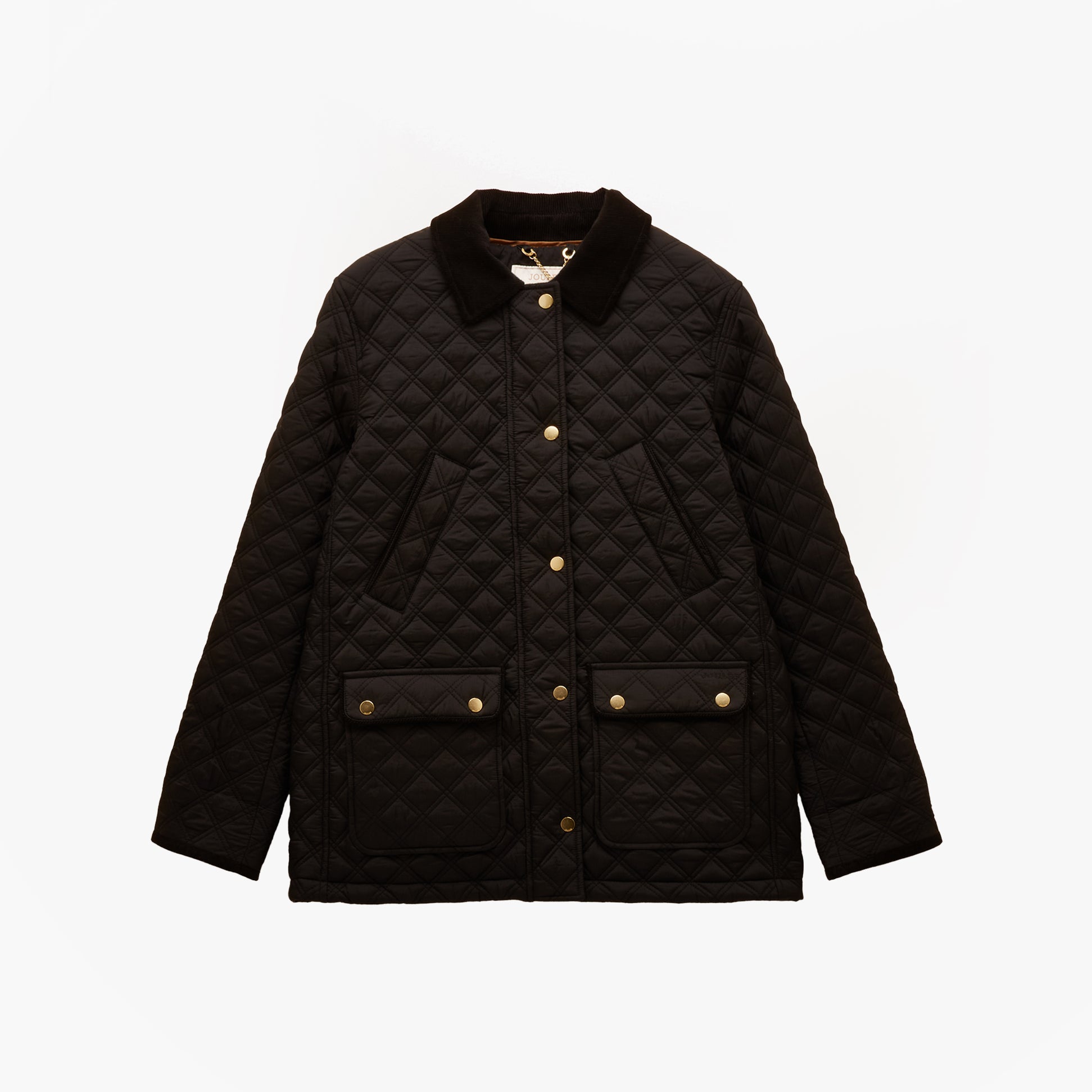 Joules BEATRIX Womens Heritage Quilted Coat Black front view featuring diamond quilting and button closure.