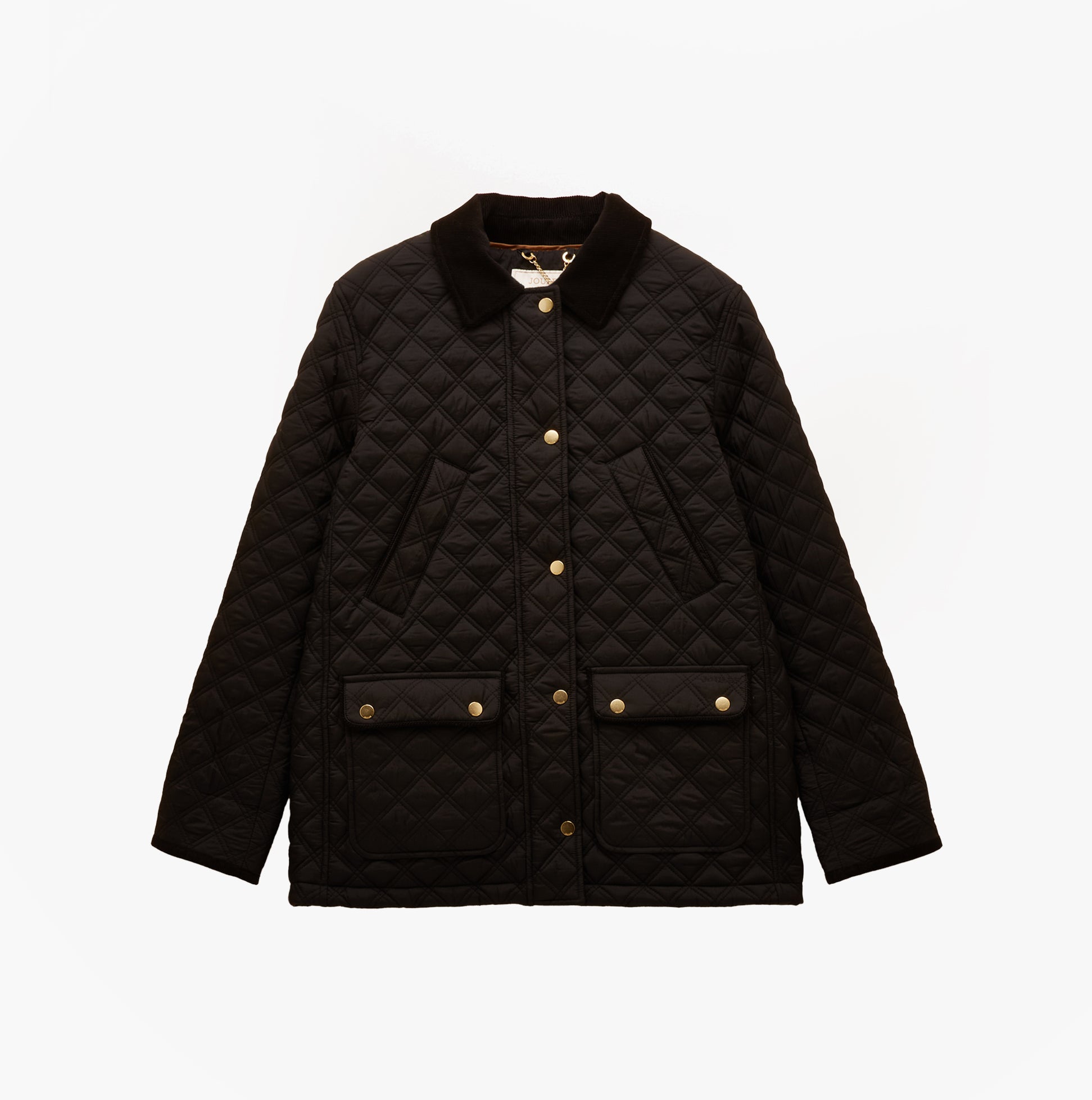 Joules BEATRIX Womens Heritage Quilted Coat Black front view featuring diamond quilting and button closure.
