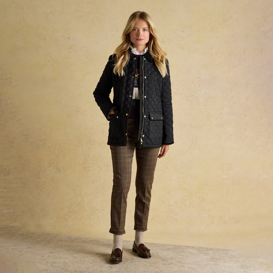Joules BEATRIX Womens Heritage Quilted Coat Black front view on a model, featuring button and zip closure, casual style.