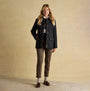 Joules BEATRIX Womens Heritage Quilted Coat Black front view on a model, featuring button and zip closure, casual style.