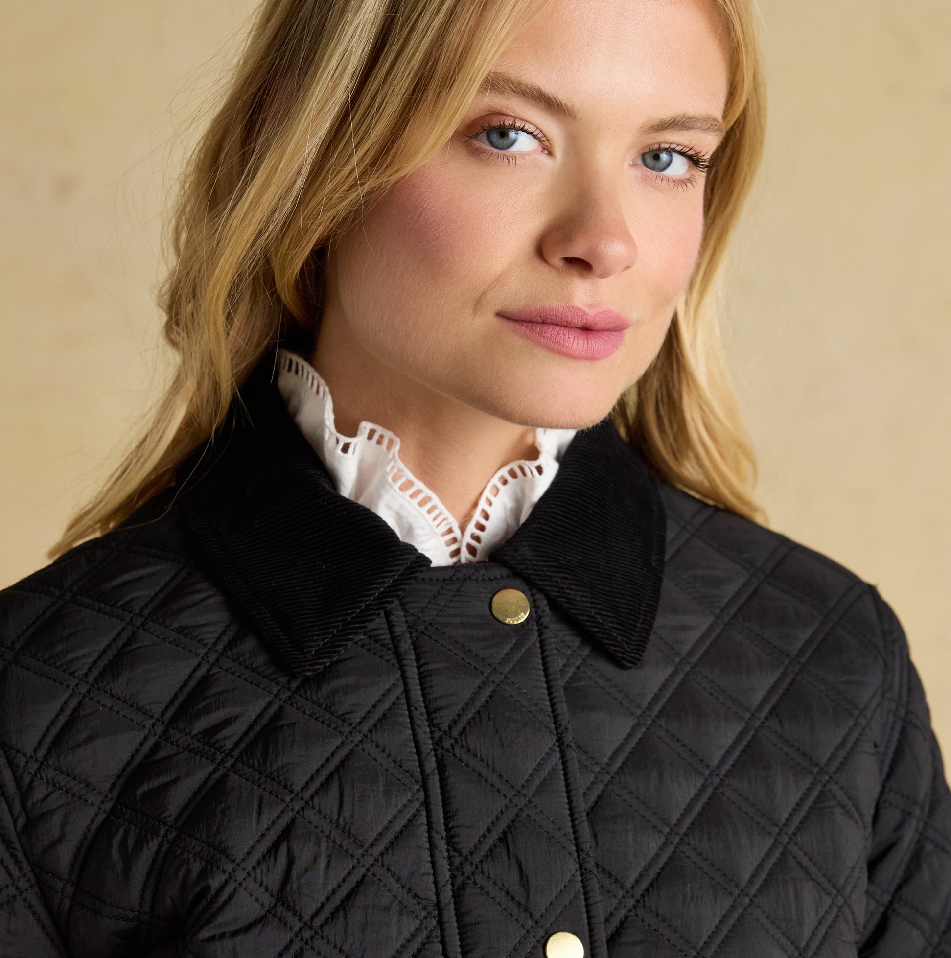 Joules BEATRIX Womens Heritage Quilted Coat Black front view, showing stylish buttons and collar details.