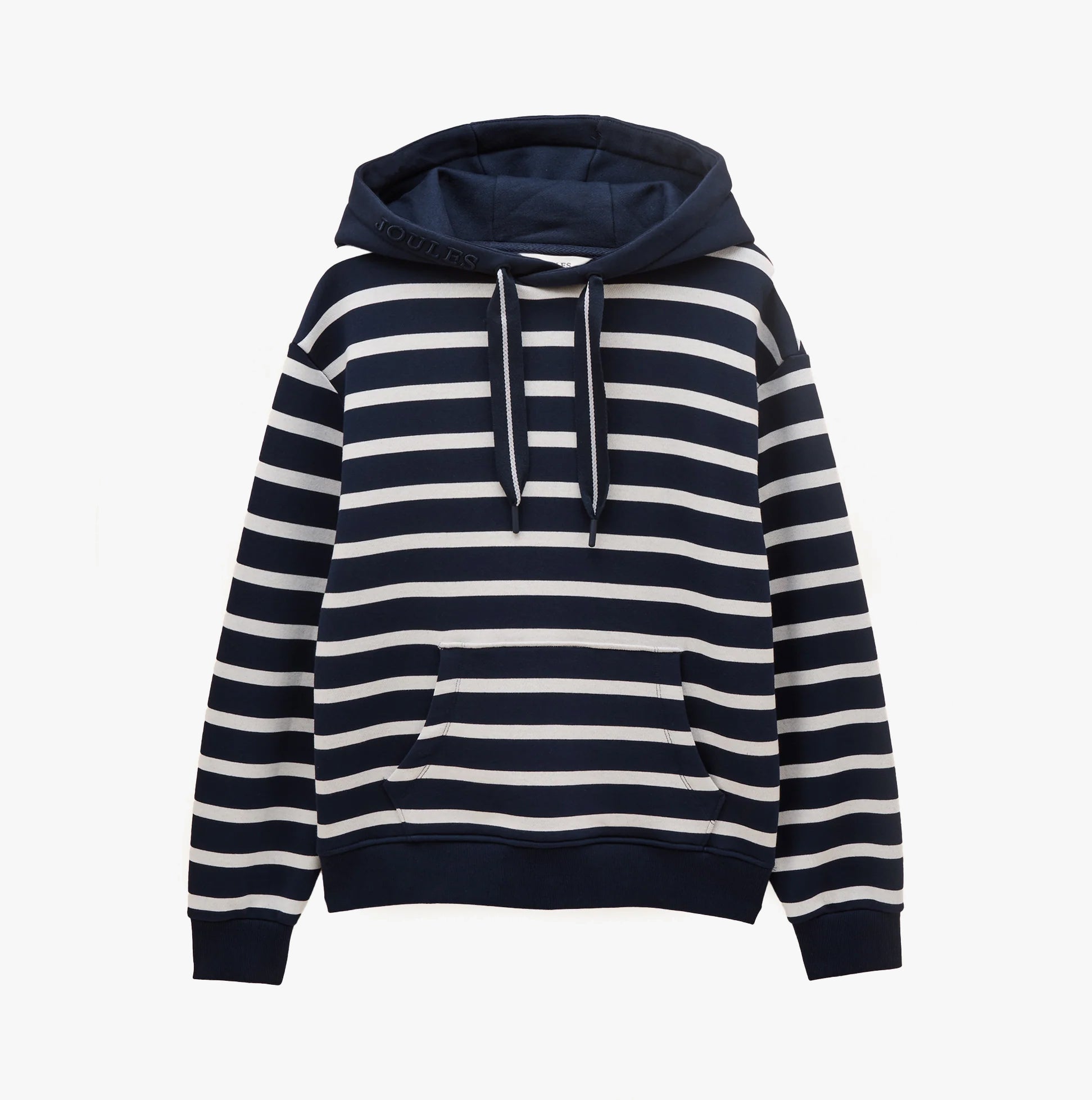 Joules MILBOURNE Womens Hoodie Navy/White Stripe front view with long sleeves and striped design.