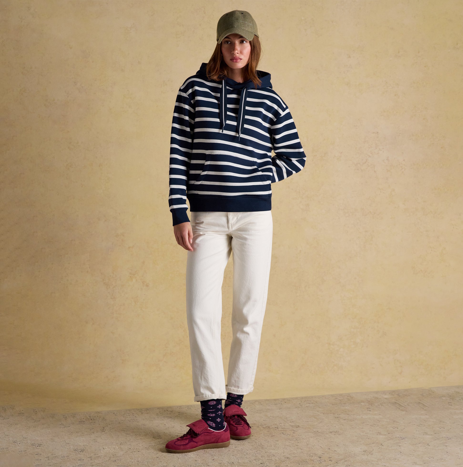 Joules MILBOURNE Womens Hoodie Navy/White Stripe front view model wearing it with casual outfit