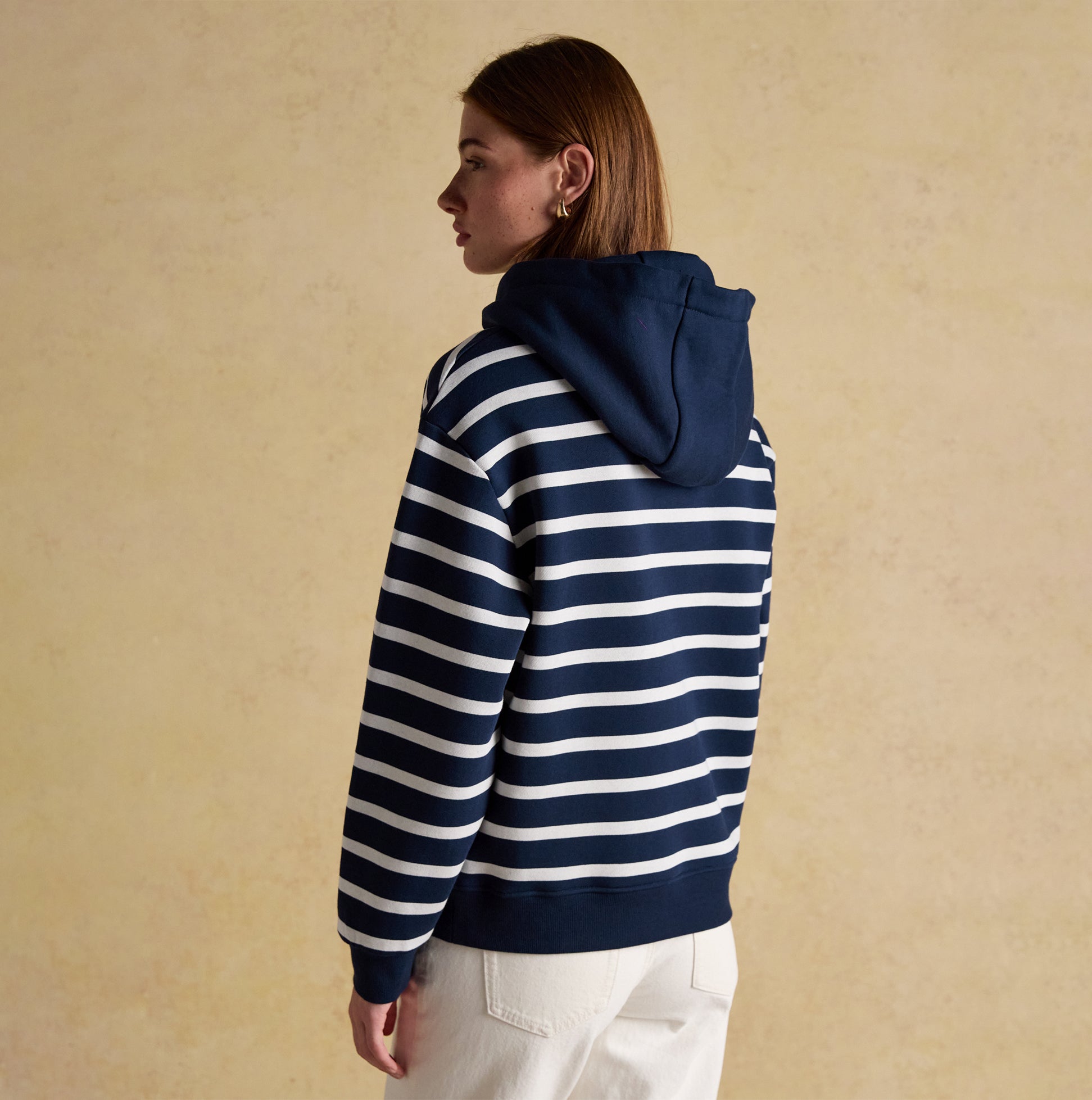 Joules MILBOURNE Womens Hoodie Navy/White Stripe back view showcasing striped design and relaxed fit.