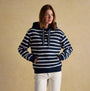 Joules MILBOURNE Womens Hoodie Navy/White Stripe front view with model wearing, featuring stripes and relaxed fit.