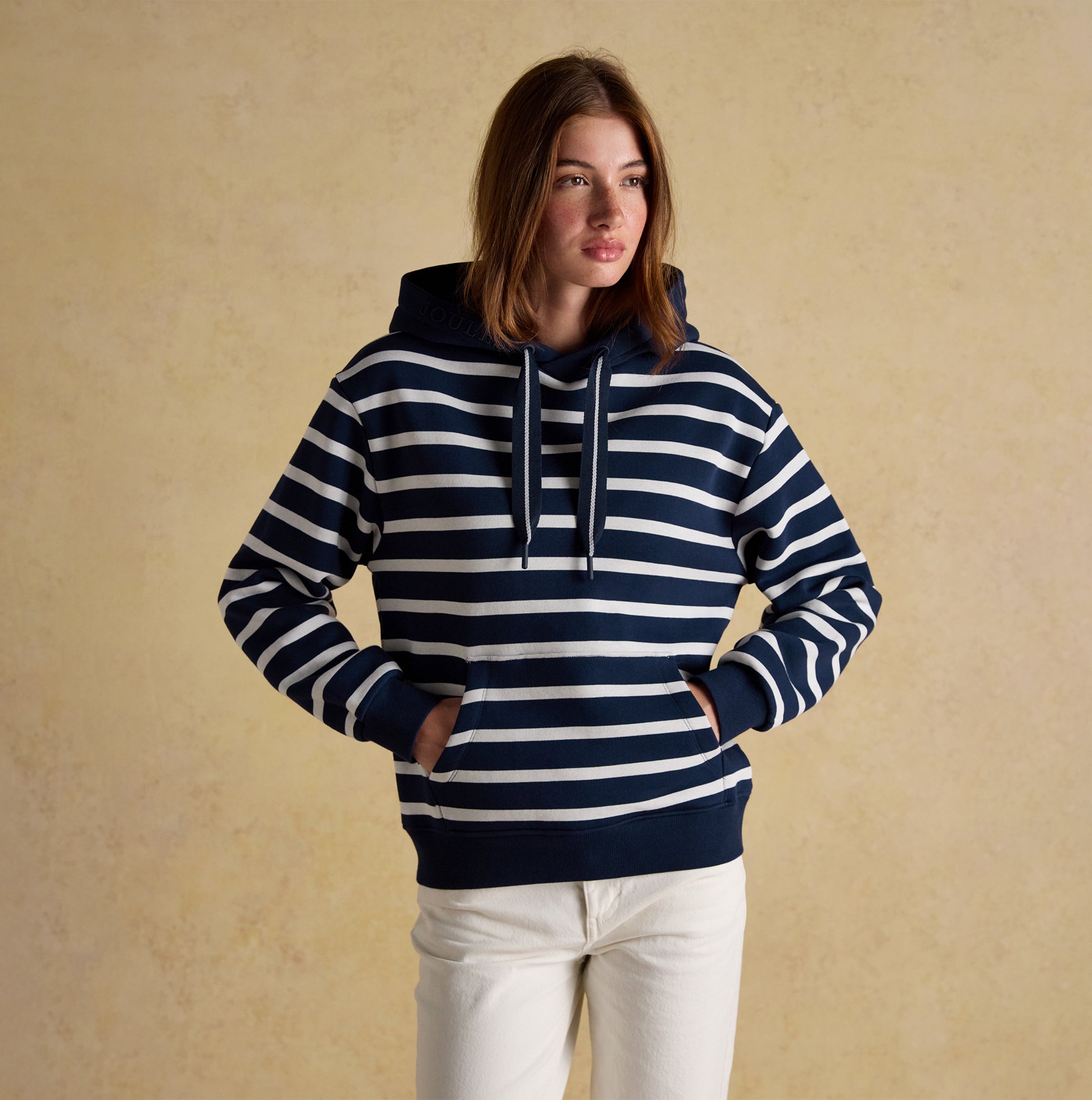 Joules MILBOURNE Womens Hoodie Navy/White Stripe front view with model wearing, featuring stripes and relaxed fit.
