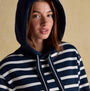 Joules MILBOURNE Womens Hoodie Navy/White Stripe front view with hood, featuring navy and white stripes.