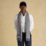 Joules LANGTREE Mens Winter Cream/Navy front view model wearing a stylish scarf with a checked pattern.