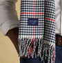 Joules LANGTREE Mens Winter Cream/Navy detail view of scarf featuring classic plaid design and joules label.