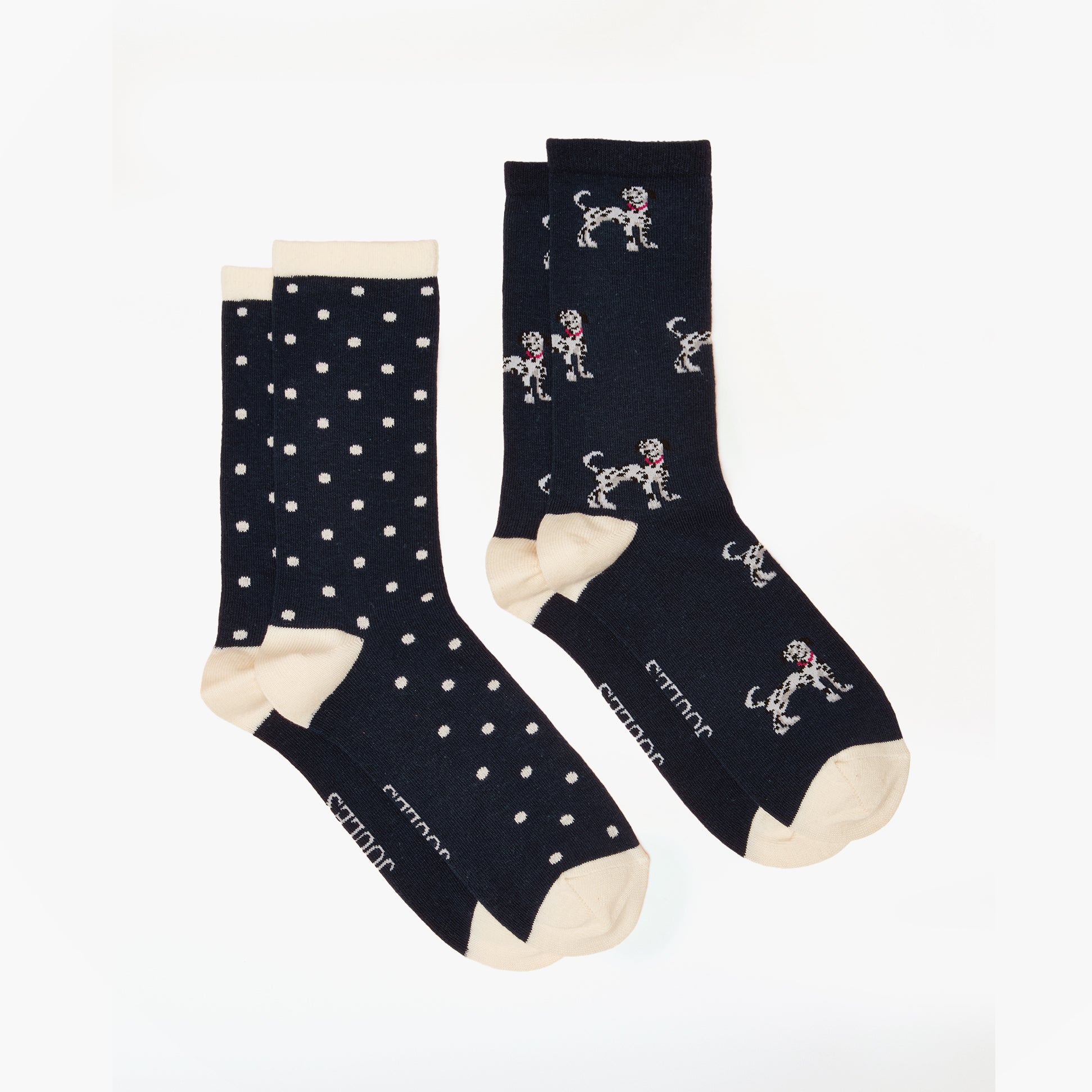 Joules EVERYDAY Womens Socks Navy/Oatmeal side view showcasing two socks with polka dots and dog designs.