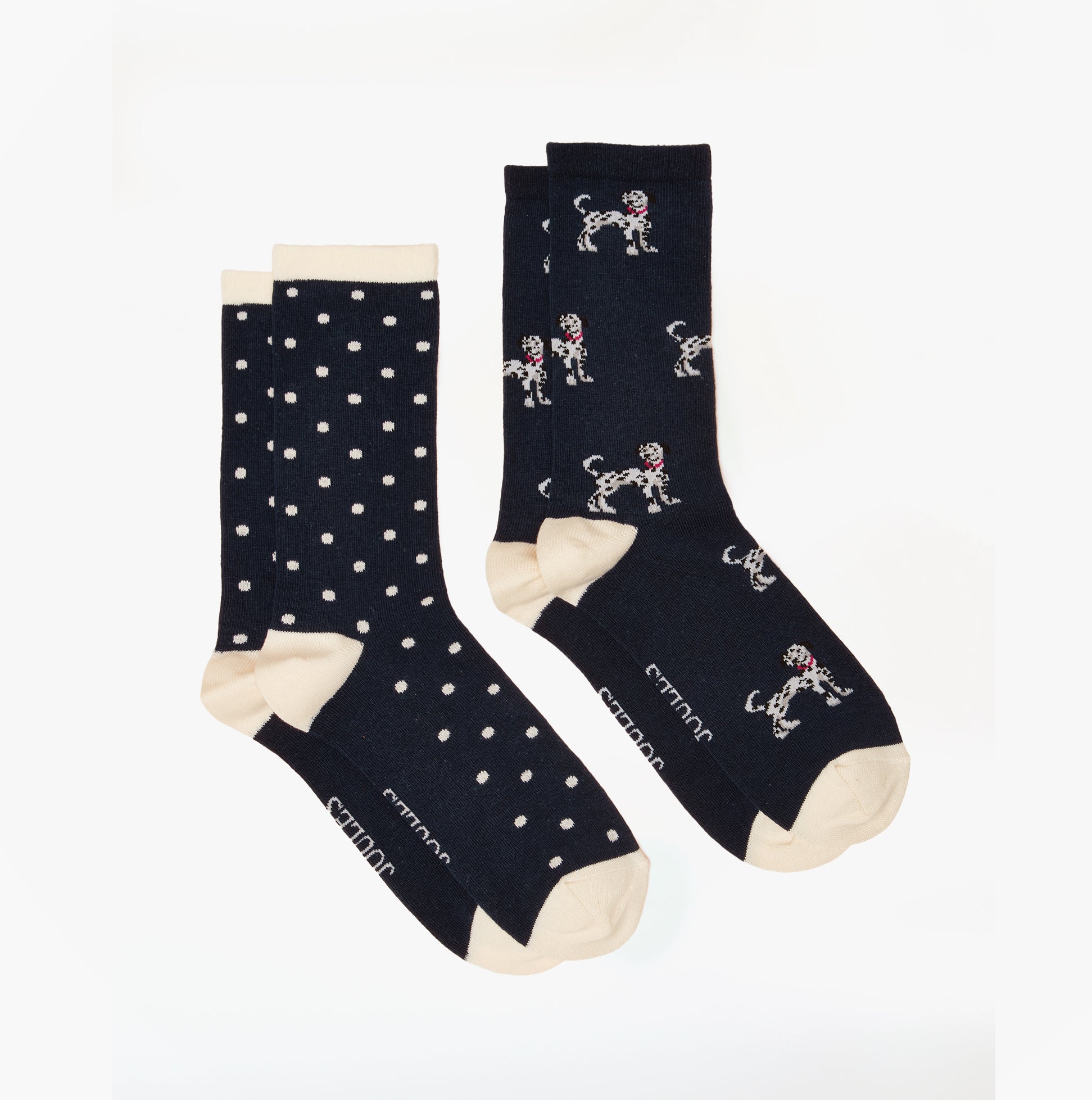 Joules EVERYDAY Womens Socks Navy/Oatmeal side view showcasing two socks with polka dots and dog designs.