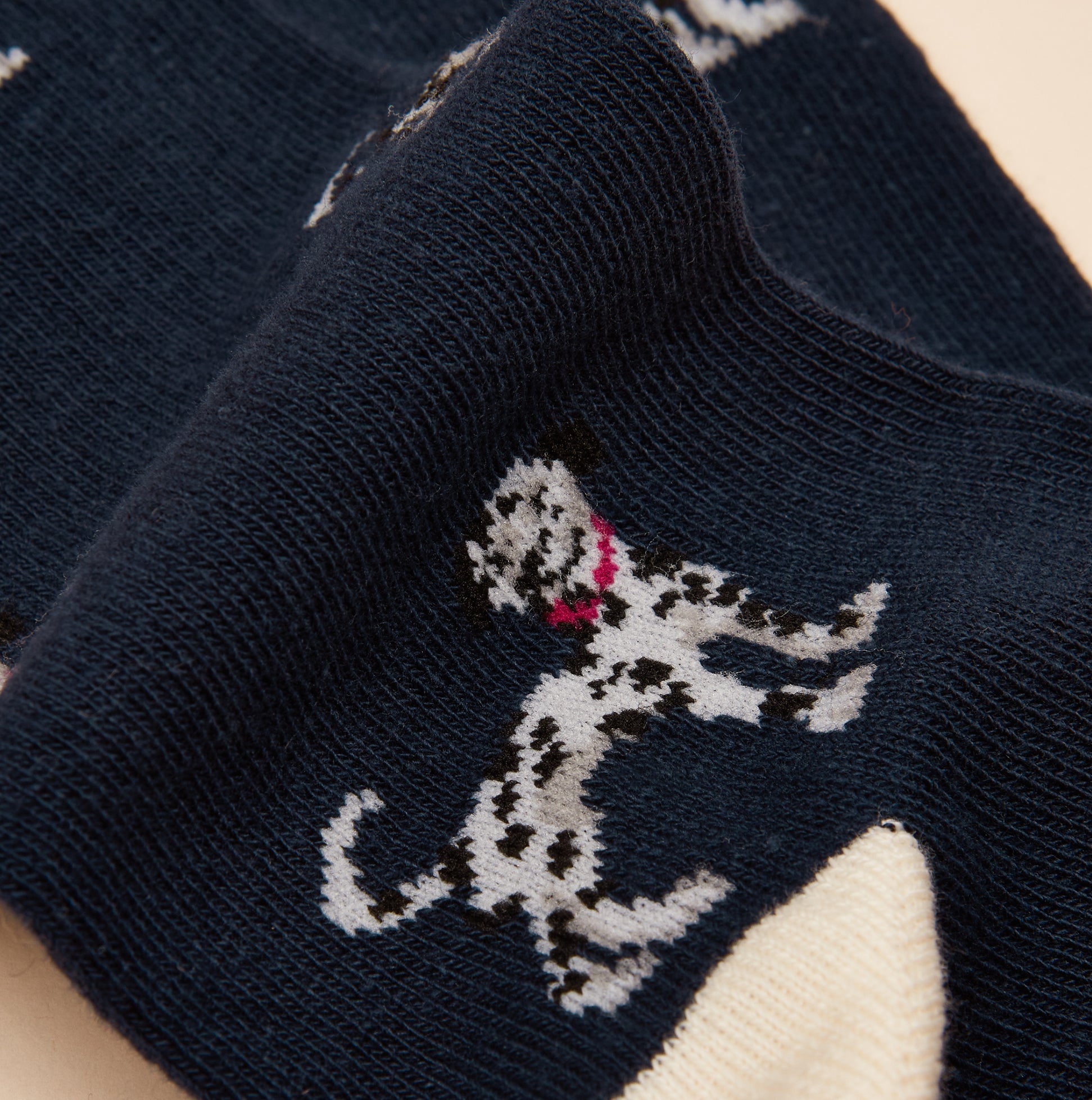 Joules EVERYDAY Womens Socks Navy/Oatmeal detail view showcasing playful dog design on dark fabric.