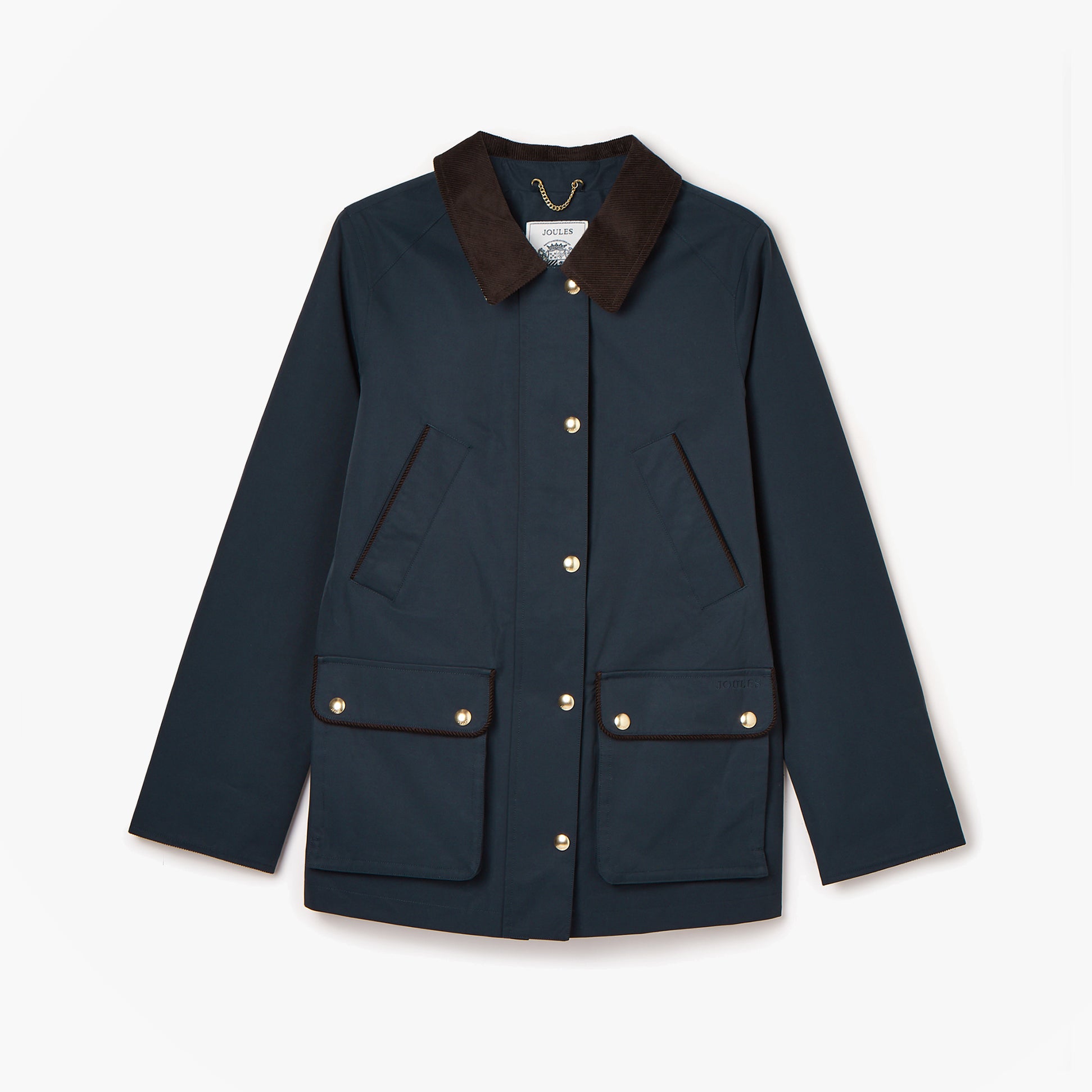 Joules KATHERINE Womens Waterproof Heritage Coat Navy front view with button and zip closure, featuring brown collar and pockets.