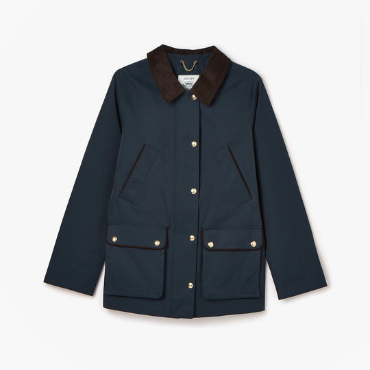 Joules KATHERINE Womens Waterproof Heritage Coat Navy front view with button and zip closure, featuring brown collar and pockets.