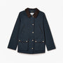 Joules KATHERINE Womens Waterproof Heritage Coat Navy front view with button and zip closure, featuring brown collar and pockets.