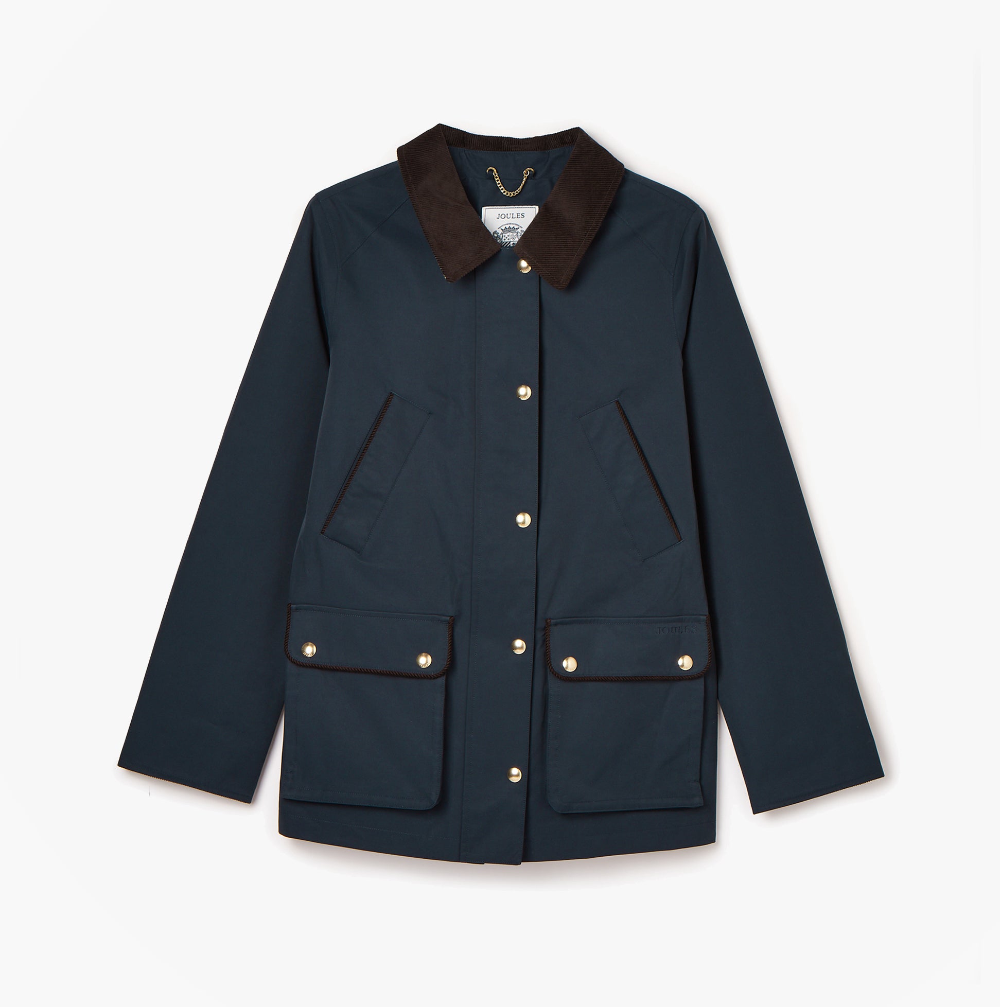 Joules KATHERINE Womens Waterproof Heritage Coat Navy front view with button and zip closure, featuring brown collar and pockets.
