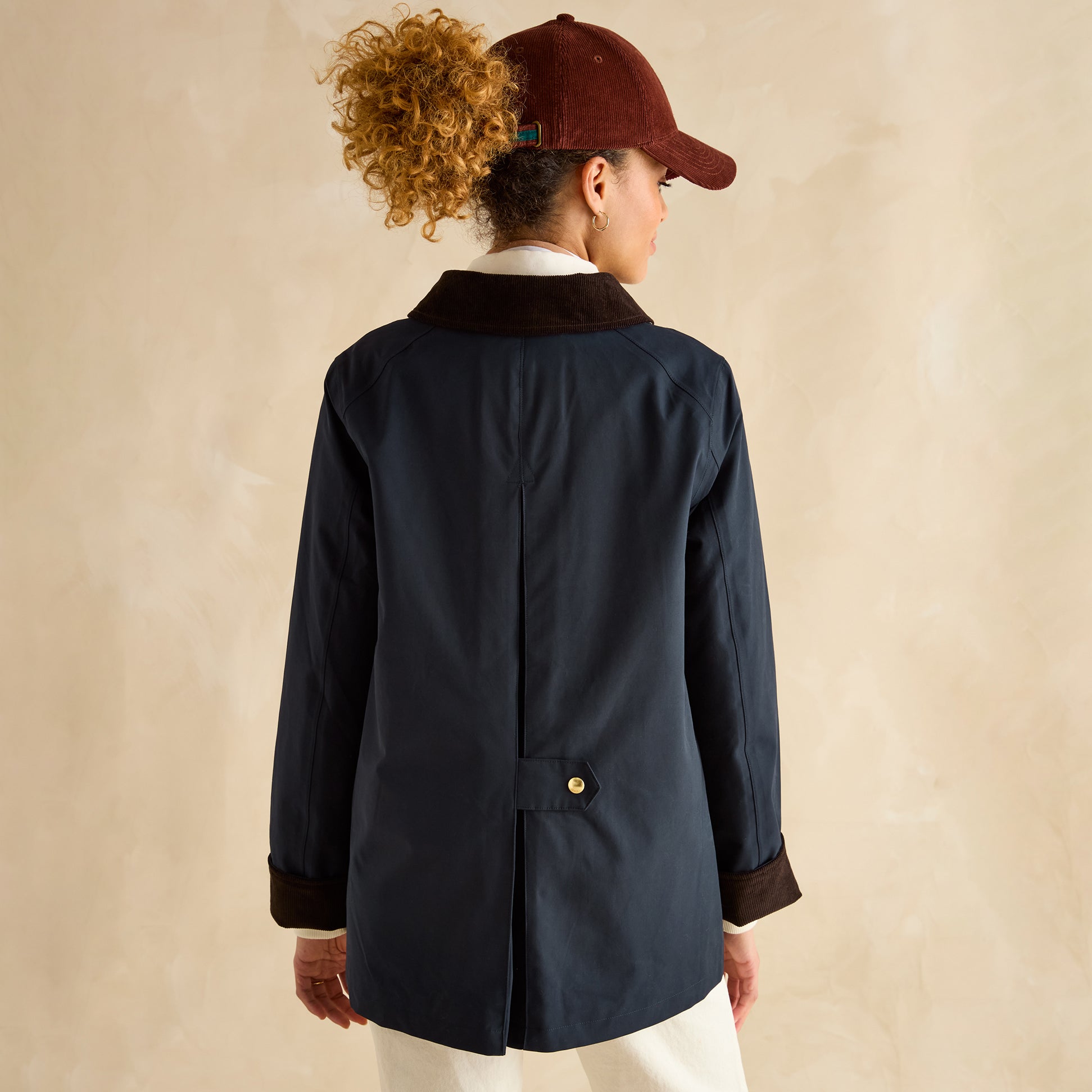 Joules KATHERINE Womens Waterproof Heritage Coat Navy back view with button closure and brown collar