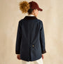 Joules KATHERINE Womens Waterproof Heritage Coat Navy back view with button closure and brown collar