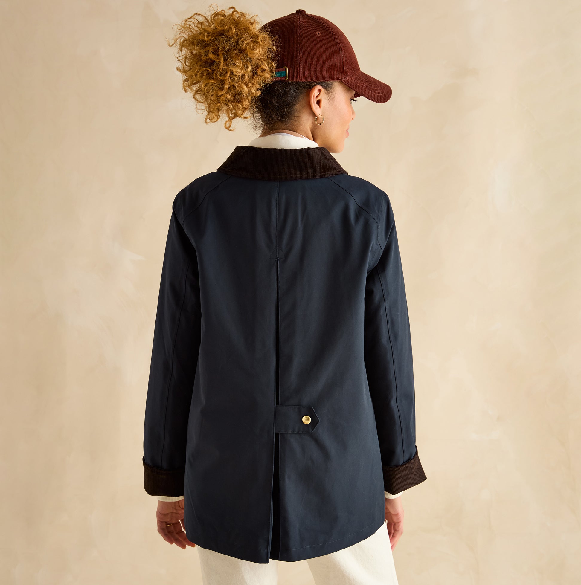 Joules KATHERINE Womens Waterproof Heritage Coat Navy back view with button closure and brown collar
