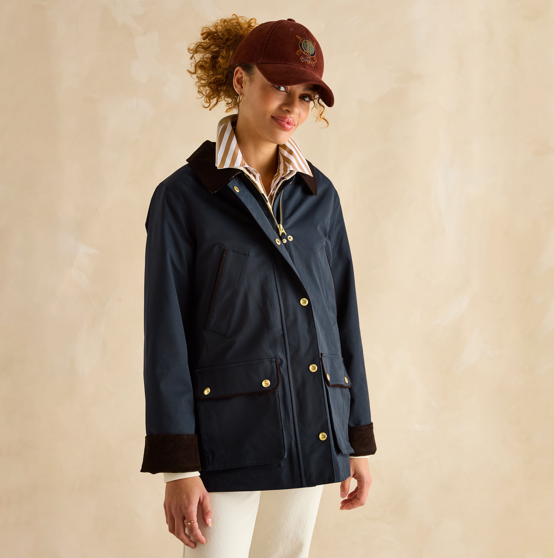 Joules KATHERINE Womens Waterproof Heritage Coat Navy, front view, showcasing button and zip closure, stylish and functional.