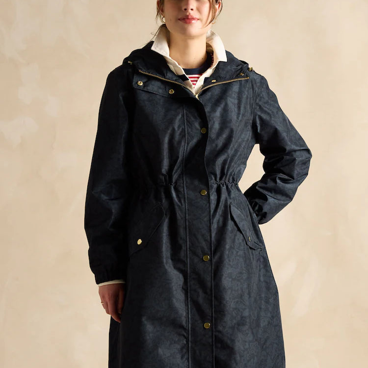 Joules HOLKHAM Womens Raincoat Navy Paisley front view showcasing adjustable features and relaxed fit.