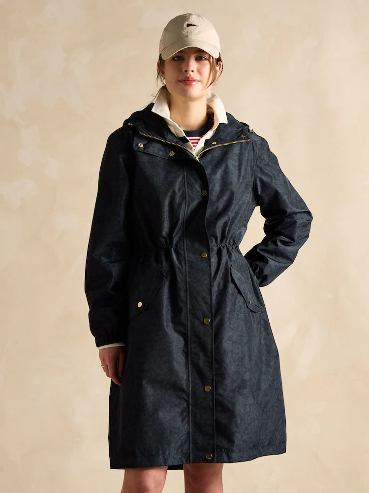 Joules HOLKHAM Womens Raincoat Navy Paisley front view showcasing adjustable features and relaxed fit.