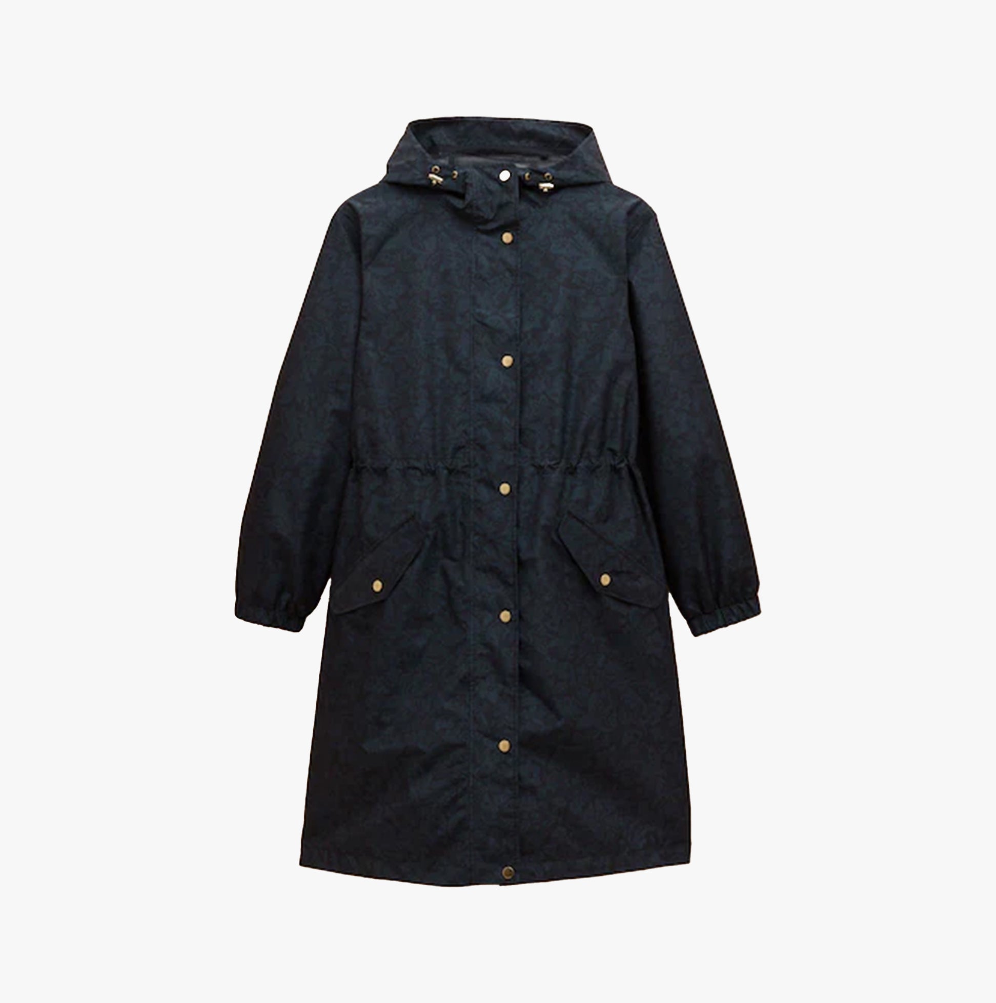 Joules HOLKHAM Womens Raincoat Navy Paisley front view featuring a hood, adjustable waist, and pockets.