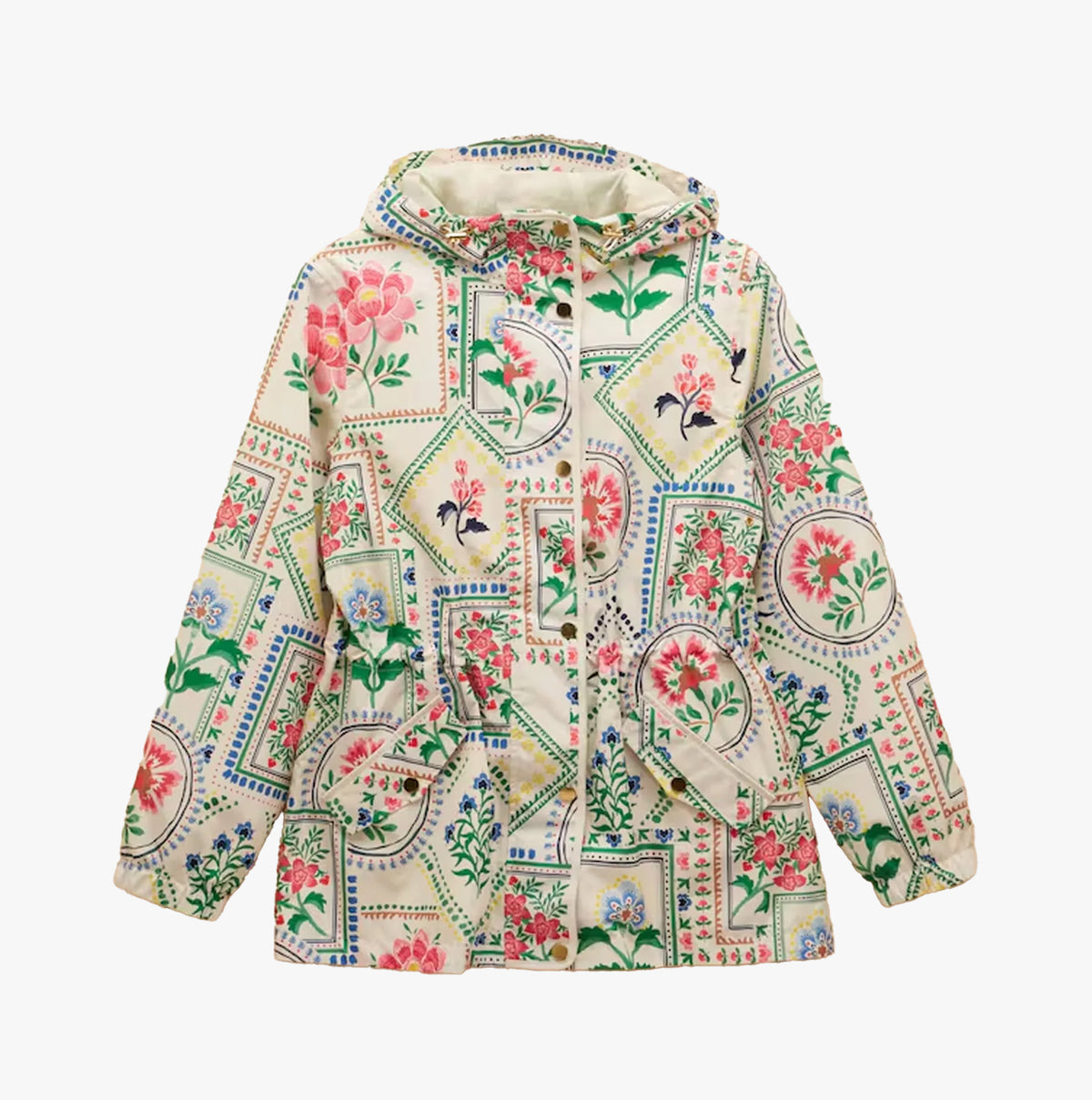 Joules Holt Womens Tile Print Waterproof Packable Raincoat with Hood front view showcasing colorful floral design.