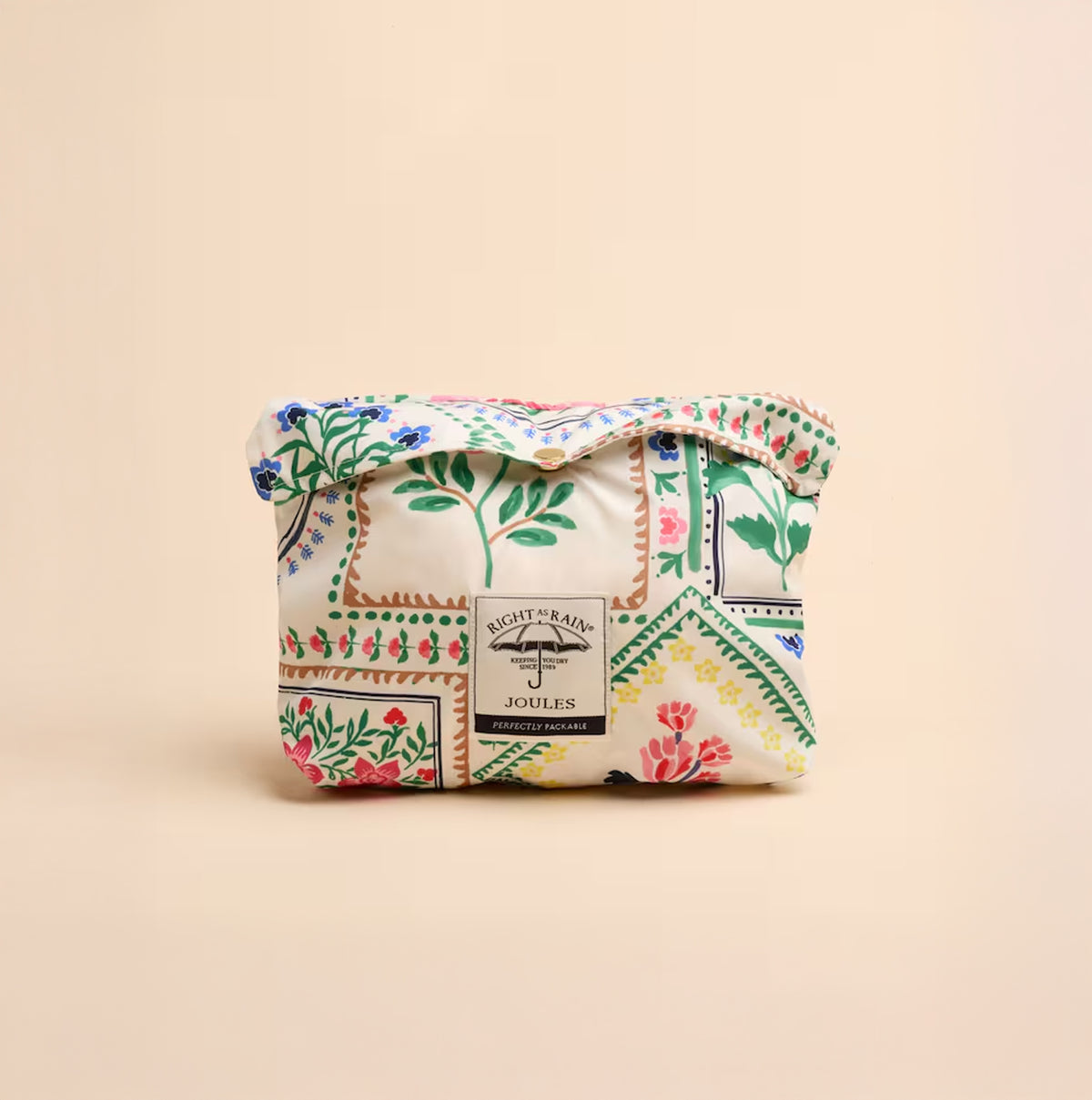 Joules Holt Womens Tile Print Waterproof Packable Raincoat with Hood in packed view, featuring colorful floral tile design.